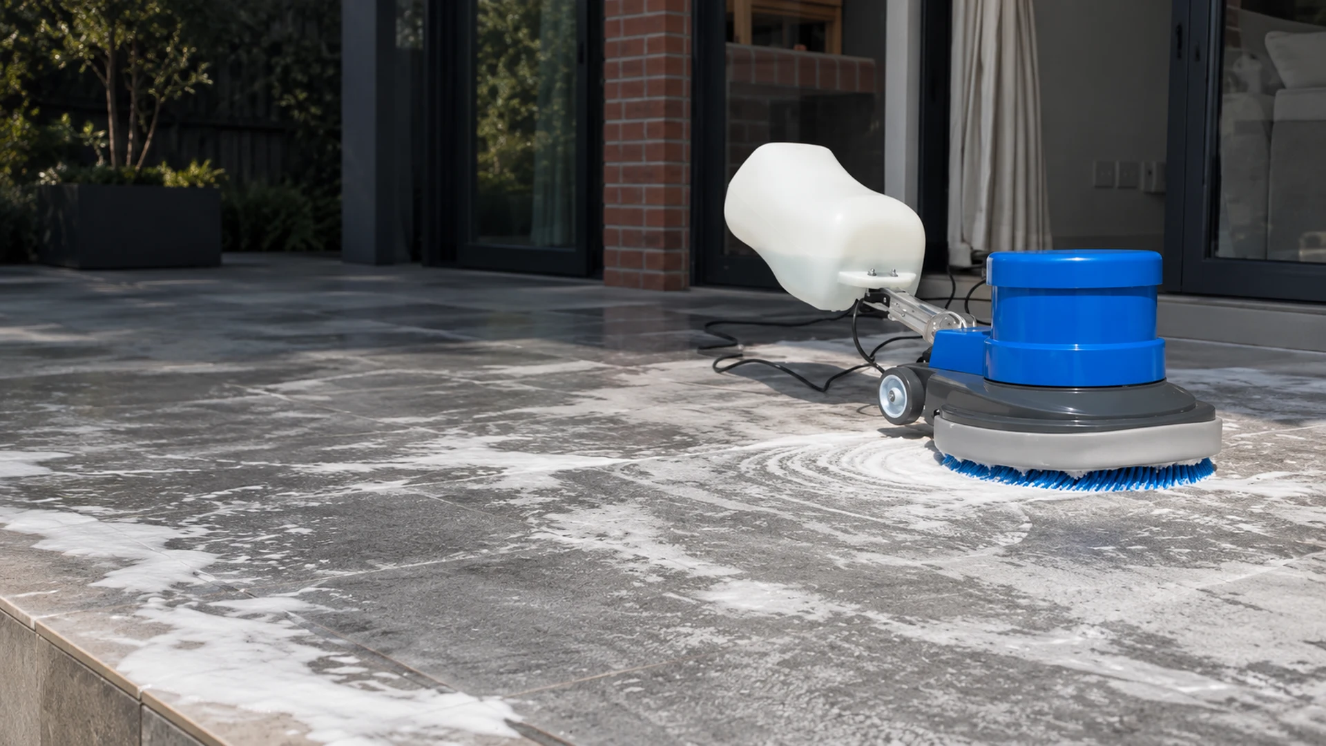 Spark Skoon floor cleaning equipment at work on a tiled patio